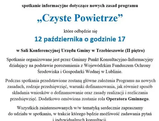 Trzebieszów: spotkanie o nowych zasadach programu „Czyste Powietrze” już 12 października