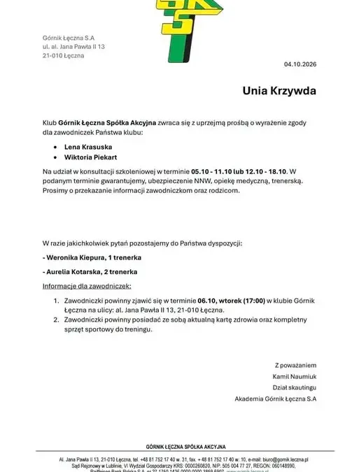 Piłkarki z Unii Krzywda na testach w Górniku Łęczna