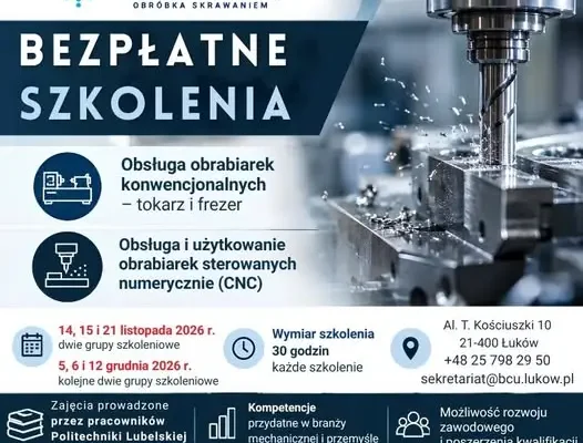 Bezpłatne szkolenia z obróbki skrawaniem w Łukowie – ostatnia szansa w 2026 roku