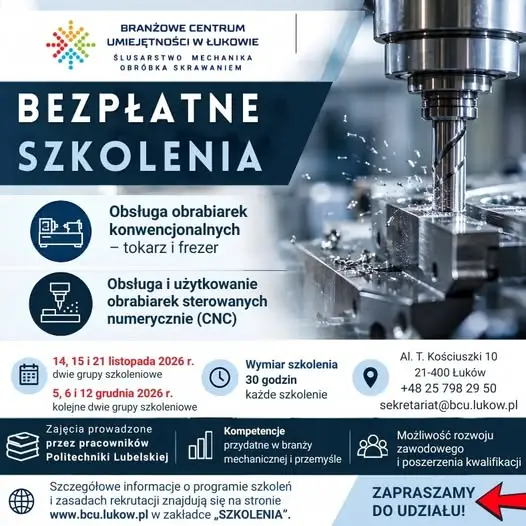 Bezpłatne szkolenia z obróbki skrawaniem w Łukowie – ostatnia szansa w 2026 roku