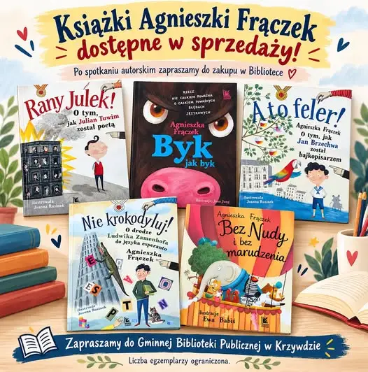 Książki Agnieszki Frączek do kupienia w bibliotece w Krzywdzie