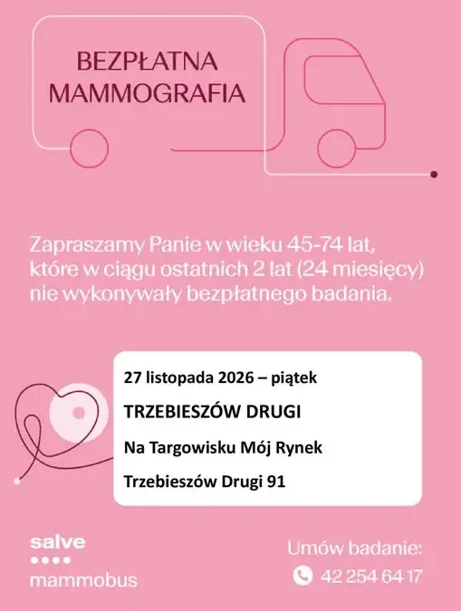 Bezpłatna mammografia w mammobusie w Trzebieszowie Drugim – 27 listopada 2026